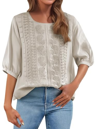 Uwdiohq T-Shirts et Chemises à Manches Longues pour Femmes, décontractés la, en Coton Lin plissés, de Couleur Unie Shirt Blanc 0 Tee Femme Pas Cher Chemisier Manches Courtes Blouse Broderie
