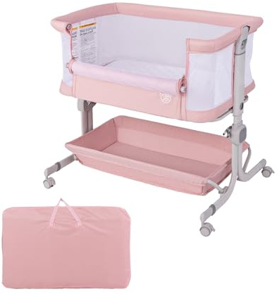 DREAMADE Beistellbett Baby, 6-stufig Höhenverstellbar Babybett mit weicher Matratze & Rollen & Tragetasche, 87 x 63cm Reisebett Tragbar für Zuhause & Unterwegs, 0-6 Monate bis 9 kg (Rosa)