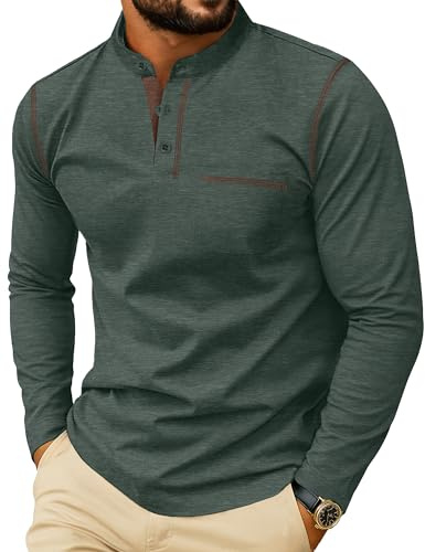 PrinStory Mens Henley T Shirt Cotton Long Sleeve Pullover Button T-Shirt Crew Neck Classic Tee Slim Fit Jumper Top with Front Pocket (Green, M)