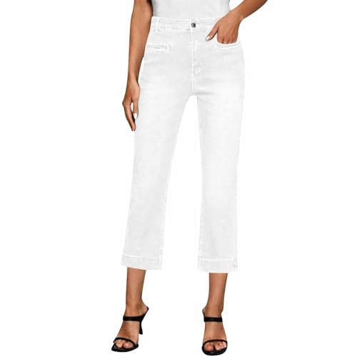 3/4 Vaqueros Mujer Pantalones Mujer Talle Alto Casual Pantalon Cintura Elastica Regular Verano Primavera Cotidiano Jeans Comodos con Bolsillo Ropa Deportes Leggins Vestir Blanco XXL