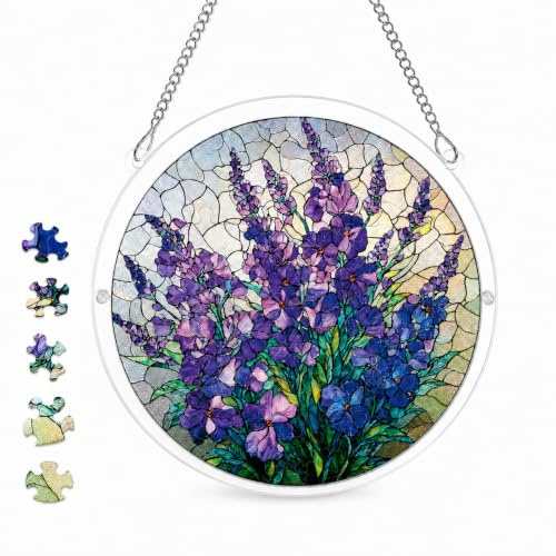 Acrylic Jigsaw Puzzle Suncatcher, Lavender Pattern Sun Catchers for Windows, 83 Pieces Acrylic Suncatcher Puzzle with Frame and Chain, DIY Home Decor Gift for Women Men Birthday, 7 In