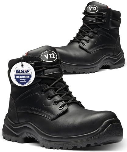 V12 Otter Derby Safety Boots - Lightweight Work Boot with Metal Free Toe Cap - Thermal Insulated Wide Fit Safety Shoe & Pierce-Resistant Midsole, Men's Work & Utility Footwear - Black, Size UK 9