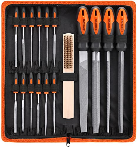 REXBETI 25Pcs Metal File Set, Premium Grade T12 Drop Forged Alloy Steel, Flat/Triangle/Half-round/Round Large File and 12pcs Needle Files with Carry Case, 6pcs Sandpaper, a brush,a pair working gloves
