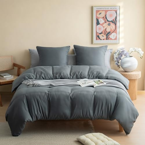 MOHAP Parure de Lit 4 Pièces Housse de Couette 220x240cm + Drap Housse 140x190/200cm avec 2 taies d'oreillers 65x65cm Gris pour 2 Personnes Parure 120 Fils/cm² en Microfibre