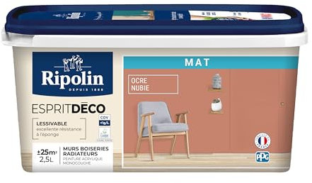 RIPOLIN - Peinture Intérieure Multi-Supports – Murs, Boiseries & Radiateurs – Ultra Couvrante – Lessivable – Application Facile – Ecolabel - Aspect Mat - 2,5L - Ocre Nubie