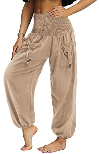 Nuofengkudu Mujer Hippie Pantalon Harem Elásticos Cintura Alta Bolsillos Bombachos Tailandes Hombre Comodos Yoga Pants Pantalones Unisex Pijama Verano Playa Fiesta Viaje Casual Albaricoque XL