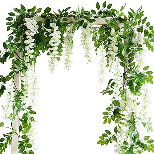 Famibay 2PC Artificial Wisteria Vine Garland White Wisteria Flower Garland 180cm/5.9Ft Silk Wisteria Vine Plant Hanging Flowers for Wedding Arch Party Home Garden Backdrop Wall Decoration