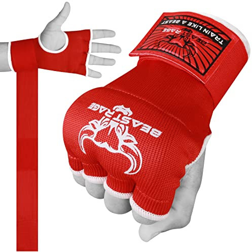 BEAST RAGE Boxbandagen Herren, Gelhandschuhe MMA 75 cm lang Boxbandagen elastisch, gepolstert Gel Innenhandschuhe Boxen, Boxsack, Training Muay Thai, Handbandagen Kinder (rot, Kids Junior)