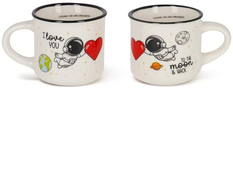 Legami - Tazas de café expreso For Two, juego de 2 tazas de café de porcelana New Bone China, taza de café lavable en lavavajillas, tema astronauta I Love You, diámetro 5,5 cm, capacidad 50 ml