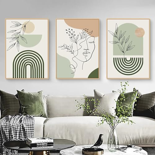 Uixxducc 3er Boho Bilder Set, Abstrakte Strichzeichnung Pflanze Poster Set, Grüne Blätter Wandbilder Wohnzimmer Moderne Wanddekoration, Ohne Rahmen (A,50x70cm)