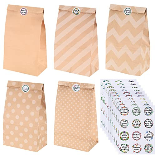 20 STK Papiertüten Kindergeburtstag Tüten, Geschenktüten Kraftpapiertüten, Braun Beutel Papier Tüten, Geschenk Tüten für Adventskalender Tüten, Hochzeit Verpackungstüten, mit 48 Aufkleber