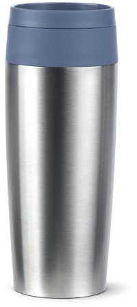 Emsa Travel Mug Eco Isolierbecher, 0,36 l, Comfort-Schraubverschluss, Quick-Press, Öko-Design, 100% dicht, hält Getränke 4h warm und 8h kühl, 360°-Rundum-Trinköffnung, Edelstahl/Blau, N2024100