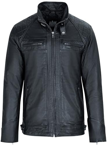 URBAN 5884 Giacca Pelle Uomo SKIMO, Giubbotto in Vera Pelle Ovina in Stile Biker con 8 Tasche, Lavorazione Artigianale, Morbido e Resistente, Nero, XXL