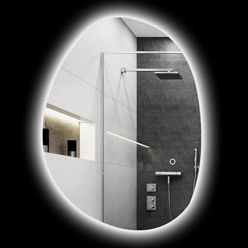 HOMCOM Miroir Salle de Bain 70 x 50 cm, Miroir Mural asymétrique avec éclairage LED - Interrupteur Tactile, lumière réglable 3 Couleurs, Anti-buée, mémoire - Argent
