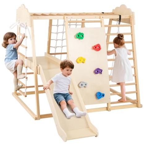 Maxmass 8 in 1 Kids Climbing Frame, Wooden Children Climbing Toy with Removable Slide, Swing, Rope Ladder, Monkey Bars, Climb Rock and Net, Indoor Toddler Jungle Gym Montessori Climber (Natural)