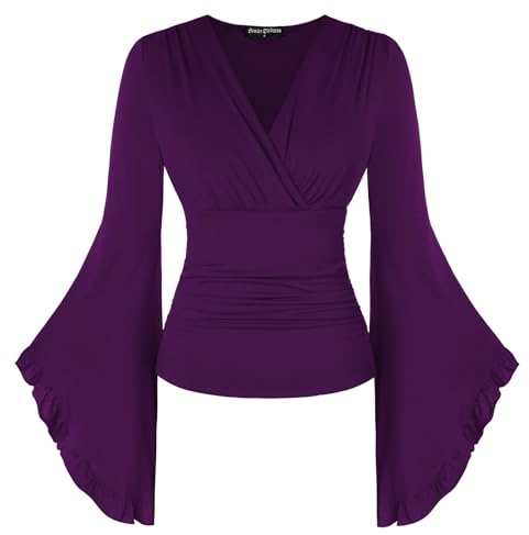 SCARLET DARKNESS Damen Viktorianische Corsagenbluse Elegant Gesmokt Taille Rüschenbluse Dunkellila S