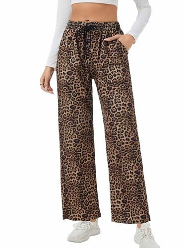 adorence Pantalon Jogging Femme Taille Haute Décontracté Large avec Poche, Pantalon de Survêtement Sport, pour Détente, Yoga, Fitness - Léopard S