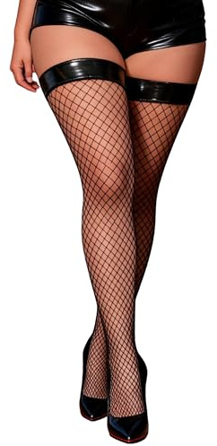 comeondear Plus Size Fishnet Stockings for Women with Leather-Topped | XS-5XL, High Stretch Net Fits Fuller Curves, Wide Elastic Band for Anti-slip, Flattering Hold ups Halloween Clubwear, Boxed