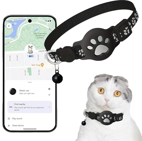 Collier GPS Chat, Traceur GPS Chat Tracker, sans Abonnement Mensuel, Compatible avec Goo- gle Find My (Android Uniquement), sans Carte SIM (Collier + pisteur Blanc)