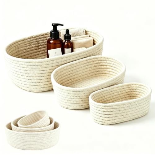 Juego de 3 cestas de almacenamiento trenzadas de cuerda de algodón, pequeñas cestas para regalo, estantería y organización, apilables para baño, cocina, salón y habitación infantil, color blanco