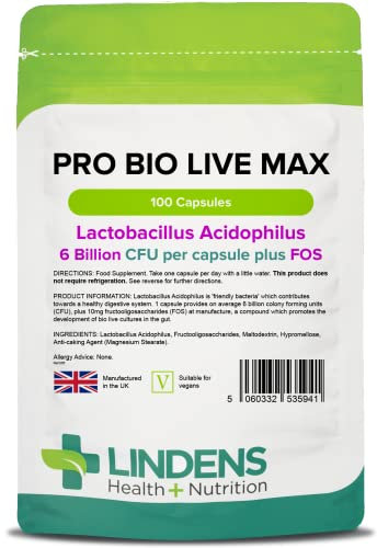 Lindens - Pro Bio Live Max 6 Billion CFU Capsules - 100 Pack - UK Made - Contributes to a Healthy Gut and Supports Digestion - Probiotic Vegetarian Capsules - Letterbox Friendly, Vegan