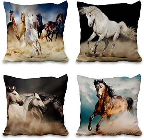 Aoihrraan 51x51cm Confezione da 4 Cavallo In Corsa Copricuscini Divano Realistico Cavallo Gregge Animali Vintage Quadrata Federe Per Cuscini In Lino Agriturismo Divano Letto Salotto All'Aperto Divano