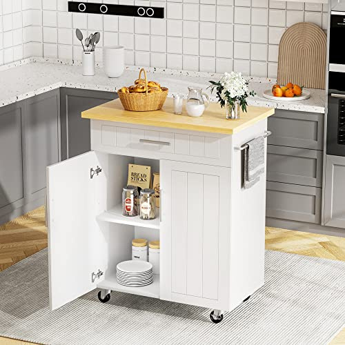 JY QAQA 26 Kitchen Island on Wheels with Storage Cabinet Kitchen Cart Cabinet with Shelves, Cart Handle for Towel Rack or Free Mobility, Portable Islands for Kitchen,White