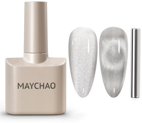 MAYCHAO 15ML Cat Eye Gel Nail Polish 1Pc Silver Magnetic Nail Polish with Magnet Soak off Holographic Cat Eye Gel Polish for Nail Art Manicure Salon DIY at Home