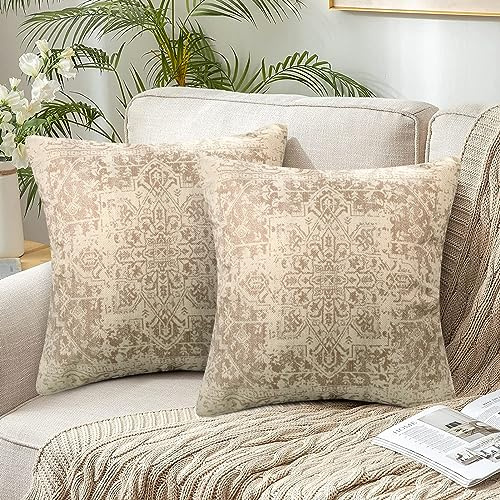 Boho örngott 50 x 50 cm indiskt exotiskt mönster örngott dubbelsidig beige kaffe fyrkantiga örngott retro linneutseende soffkudde dekorativa för sovrum vardagsrum set om 2