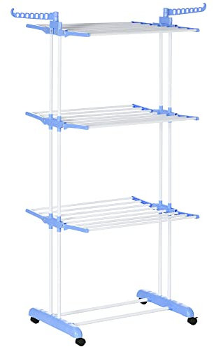 HOMCOM Wäscheständer Turmwäscheständer mit Rollen mit 4 Ebenen Standtrockner Ausziehbares Wäscheturm für Innen und Außen Stahl Blau 73 x 45,5 x 177cm