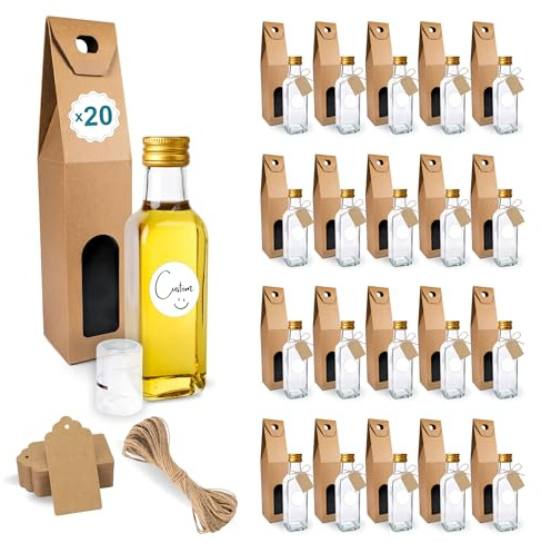 Espirito Rebelde 20 mini bottiglie in vetro da 100 ml con tappo a vite dorato + 20 scatole + 20 sigilli + 20 etichette personalizzate + 20 etichette Kraft + spago - olio d'oliva, aceto, alcool