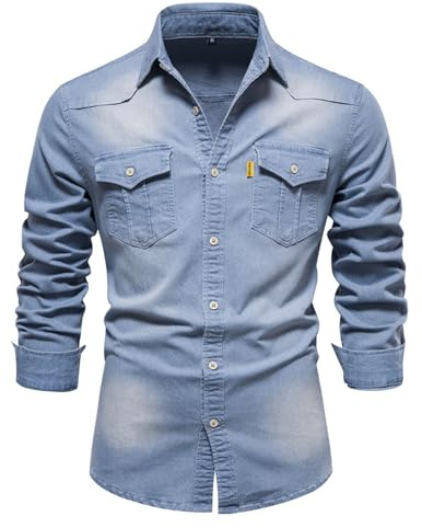 Btmpmcs Camisa de Denim para Hombre Camisas de Lino Casual Ajuste Delgado Camisa de Mezclilla Coton Business Casual Camisas Manga Larga Cuadros Camisas