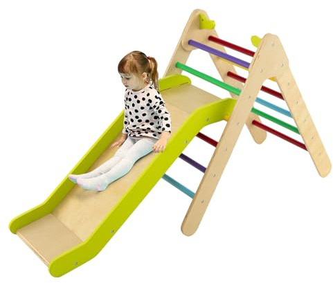 HOMASIS Triangolo da Arrampicata per Bambini con Scivolo Regolabile in Altezza, Triangolo Montessoriano per Bambini in Legno, Parco Giochi per Bambini da 1 Anno in Su, 86,5 x 73,5 x 48 cm (Colorato)