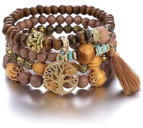 Teegxddy Boho Armbänder Holzperlen Quaste Armband - 4 Stück Frauen Baum des Lebens Charm Statement Armreifen - boho schmuck damen - modeschmuck Geeignet als Geburtstagsgeschenk für Damen und Mädchen