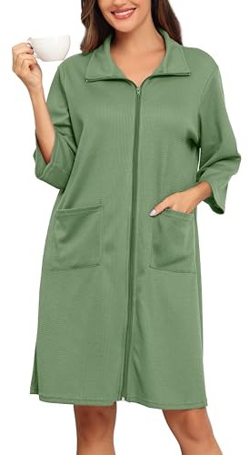 Lovasy Peignoir Femme à Fermeture Éclair Robe de Chambre Court en Tricot Gaufré Kimono Doux et Léger Longueur du Genou Loungewear avec Poches