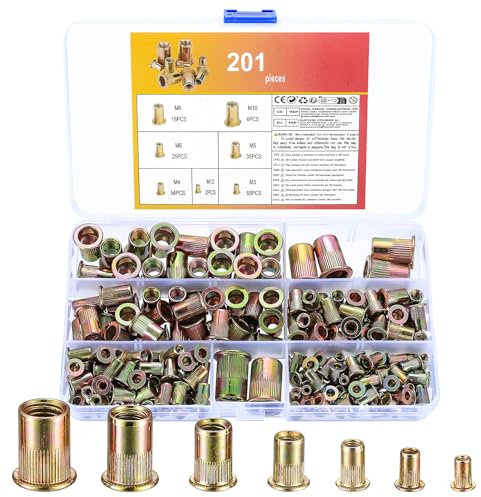 201 Insert Fileté Metal, Écrous à Sertir, Écrou de Rivet, Ecrous à Rivets, Ecrous à Riveter Fileté à Tête Plate, Rivet Inserts Filetés, Ecrou a Sertir pour Métal Bois - M3/M4/M5/M6/M8/M10/M12