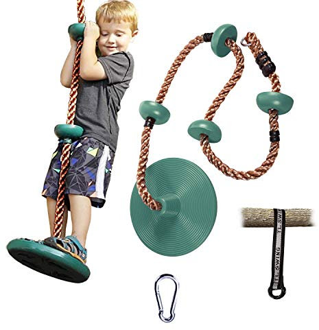 REDCAMP Climbing Rope Tree Kids Swing with Platforms and Disc Seat, Heavy Duty Plastic Disc Swing Seat for Child and Adults with 6.5ft Tree Strap and Snap Hooks, Suitable for Outside Playground,Green