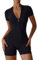 Ecupper Jumpsuit Damen Kurze Ärmel Sport Kuschelig Bodycon mit Reißverschluss Einteiler Romper Schwarz S