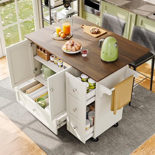 Huayz Carrello da cucina, isola da cucina, carrello da portata pieghevole con piano di lavoro, armadio da cucina, buffet con portaspezie, carrello da pranzo, credenza con ruote e divisori regolabili