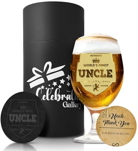 Celebration Gallery Beer Glasses Gifts – personliga presenter, anpassad mugg med läderunderlägg – 400 ml pintglas ölgåvor för män – glasmuggar av livsmedelskvalitet för män i elegant presentask