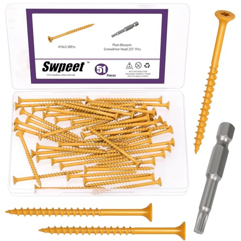 Swpeet 101 tornillos de cubierta caqui #10 x 3 con kit surtido de brocas T25 Star Torx Drive Tornillos de cabeza plana resistentes a la corrosión, tornillos de madera exteriores con revestimiento de