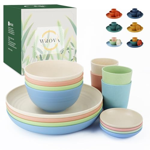Wrova Reusable Plastic Plates and Bowls Set with Cups 16PCS - Service for 4 | Unbreakable Dinner Sets for Kitchen - Reusable Plastic Plate Set - Microwave Safe and Dishwasher Safe Dishes - Colorful