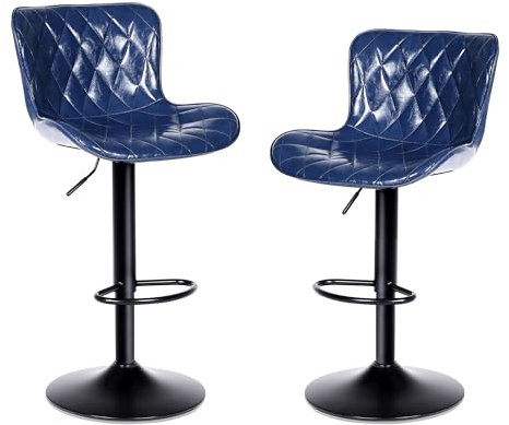 Youhauchair Barhocker 2er Set, Wasserdichtes Leder, Barhocker Höhenverstellbar, Mit Lehne und Fußstütze, Küchenhocker Bar Hocker Bar Stool, Blau
