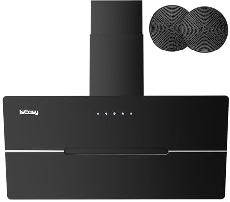 Cappa Cucina 90 cm, IsEasy Cappa Aspirante 90cm con 524 m³/h Forte Aspirazione, Touch Control, 3 Livelli di Regolazione, Ricircolo e Modalità di Scarico, Nero, 58 dB, Efficienza A++