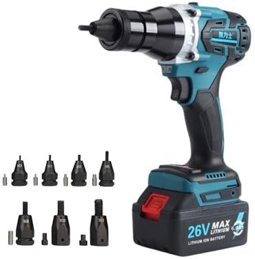 Pistola Portátil Remachadora inalámbrica automática, sin escobillas, batería 26V 6600 mAh, pinza remachadora para tuercas M3–M12(6.6Ah)