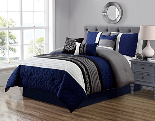 Grand Linen 7 Piece Navy Blue/Grey/Black/White Scroll Embroidery Bed in A Bag Microfiber Comforter Set (Double) Full Size Bedding. Perfect for Any Bed Room or Guest Room