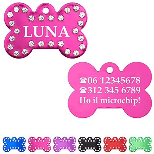 Ibera gifts - Medaglietta Cane Personalizzata con Strass, Targhetta Cane con Incisione in Alluminio Lucido per Animali di Taglia Media e Grande (Rosso)