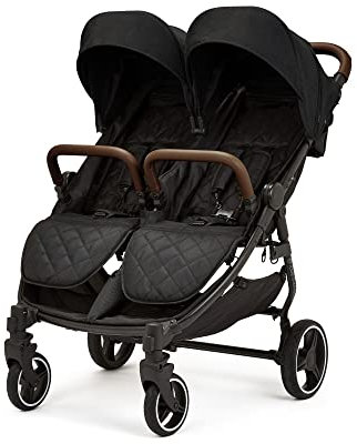 Ickle Bubba Venus Prime Doppelkinderwagen - geeignet von Geburt bis 15 kg (ca. 3 Jahre), leichter, faltbarer Zwillingskinderwagen mit Neugeborenenkokon, 2 Fußwärmern und Regenschutz (Schwarz/Braun)