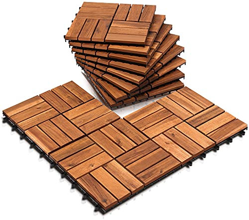 EINFEBEN Dalles en bois d'acacia de 5 m² - Mosaïque - 30 x 30 cm - Système d'emboîtement - Mosaïque - Découpable - Pour terrasse, balcon - Certifié FSC®