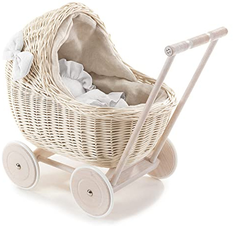 e-wicker24 Landau DE POUPÉE en Osier DESAYER avec LITERIE en Lin, Jouets en Osier, Jouets NATURELS pour Enfants